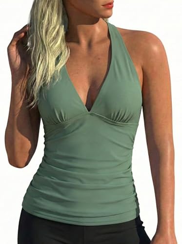 Haut de tankini col V plongeant dos nu froncé pour femmes