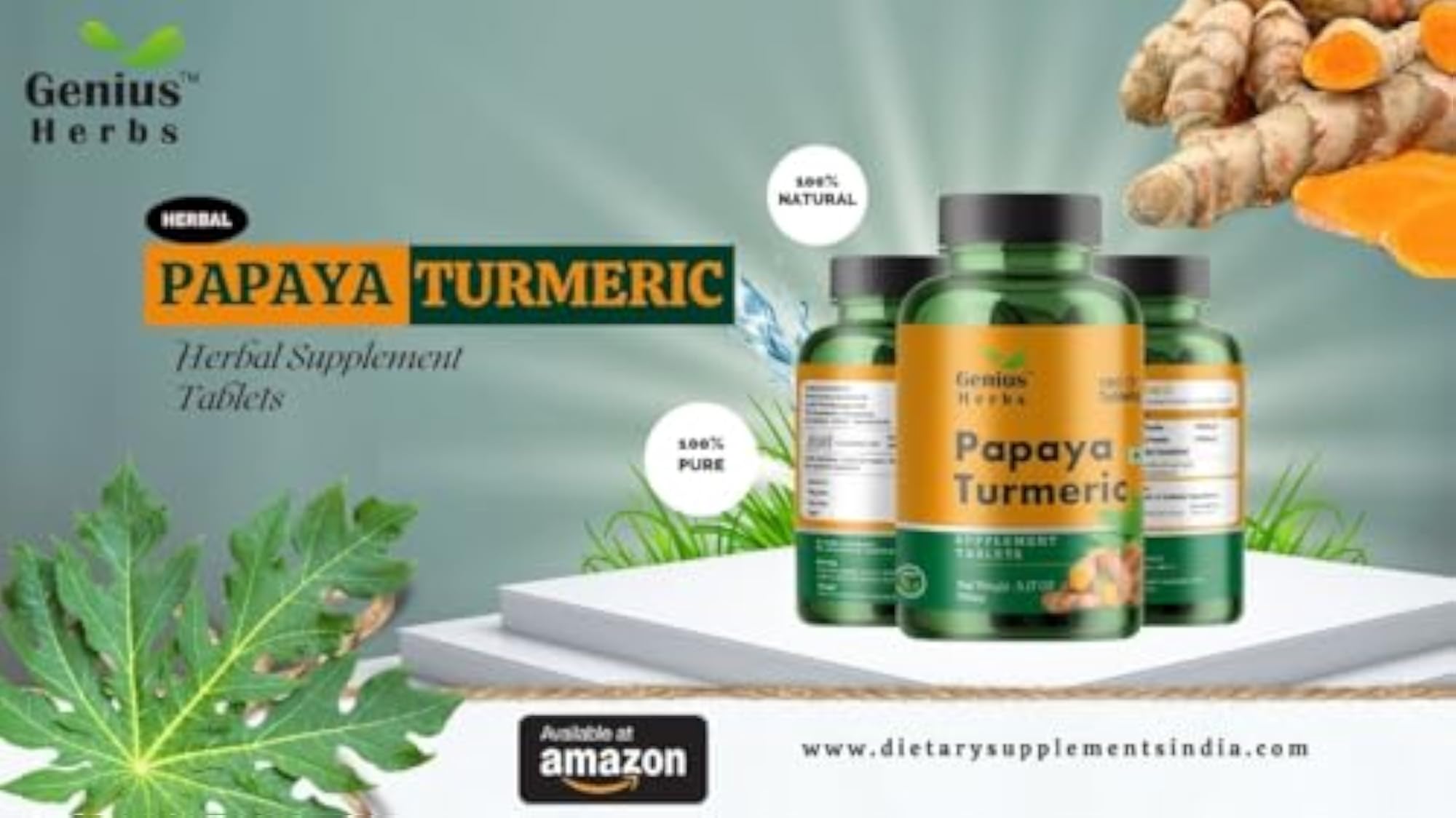 Genius Herbs Papaya Turmeric Tablets 1000 mg, 180 Count
