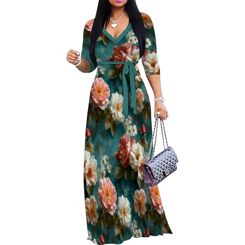 Image of Women Plus Size Long Sleeve V Neck Maxi Dress with Belt | Soft fabric relaxed fit three quarter sleeve v neck with pockets for party and daily wear