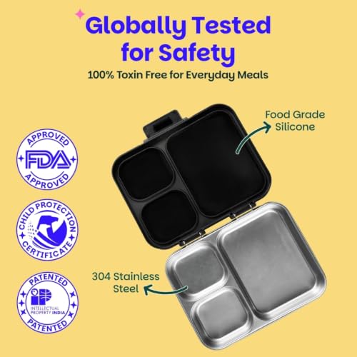 Image of Basil Bento Ace 3C Stainless Steel Lunch Box for Kids | 3 Compartment Leakproof Tiffin Box for Teens & Adults | BPA-Free, Easy-to-Open School Lunch Box | Classic Black
