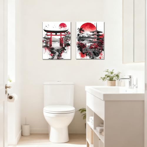 Image of Frimeeme 2Pcs Japanese Canvas Wall Art, Ready to Hang,Framed,12x16 inches | Red Black Landscape Prints, Modern Minimalist Asian Oriental Decor