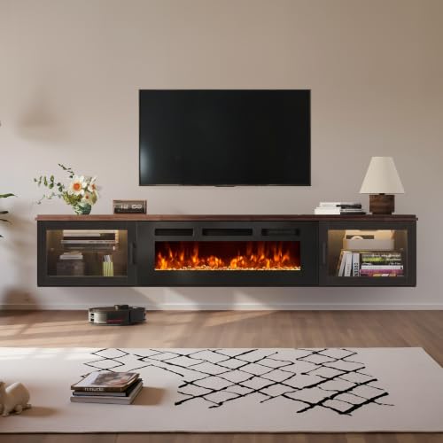 Image of 70 inch Floating TV Stand with Fireplace, High Gloss Finish Wall Mounted Fireplace Entertainment Center with Storage for TVs Up to 80 inch, Black & Brown