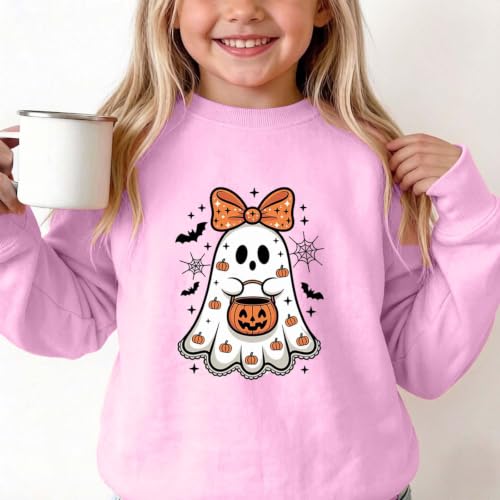Girls Bow Ghost Pumpkin Bucket Spider Web Halloween Crewneck Sweatshirt - image 3
