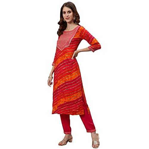 Image of anubhutee Rayon Leheriya Printed Festive Straight Kurta Pant Suit Set for Women