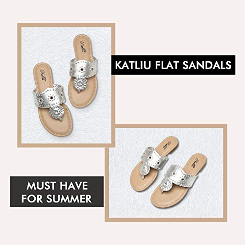 Katliu Women's Flat Sandals Flip Flop Sandals Dressy Thong Sandals Silver #TOP4