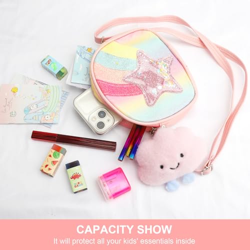 UOCAI Kinder Umhängetasche Mädchen Handtasche mit Glitzerstern Rosa AnhängerVerstellbarer Schultergurt, Niedliche Crossbody Tasche für Mädchen 3–10 Jahre Geschenk für Geburtstag, Kindergarten, Reise