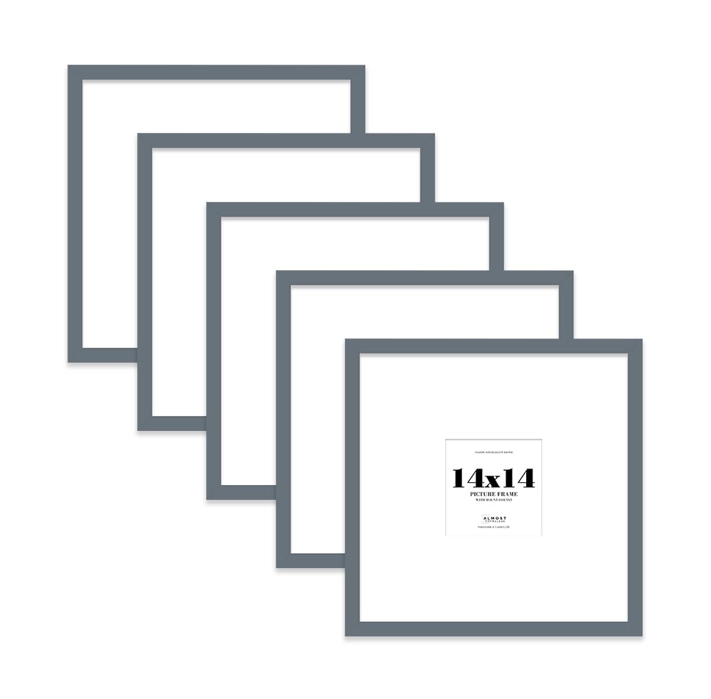 14x14 Grey Picture Frame with Large Mount for 5x5 Photos, Prints - Modern Square Wall Frame, Set of 5