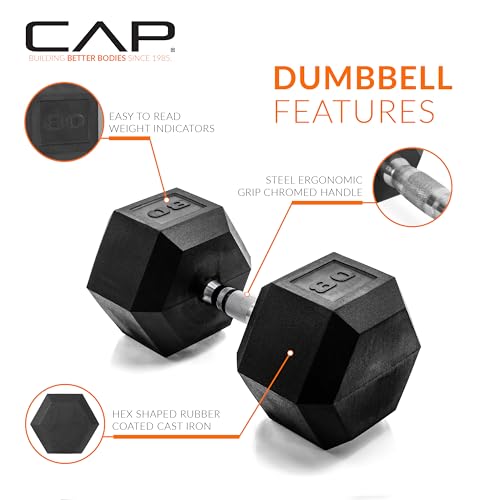 Image of CAP Rubber Coated Dumbbell Weights, Free Weights for Home Gym Strength Training, Anti-Roll Hex Dumbbells with Black, Chrome & Comfort Grip Handles, Singles