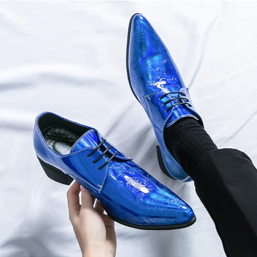 Image of Men's Printing Pointed-Toe Patent Leather Derby Oxford Shoes,Classic Lace-up Low Top Block High Heel Fashion Slip on Prom Business Wedding Dress Shoes