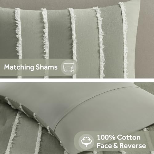 Image of Ink+Ivy Queen Comforter Set Boho Comforters Stripes, Clipped Jacquard, Cotton Comforter for Queen Size Bed, All Season Poly Fill Lightweight Queen Bedding & Shams, Shay, Full /Queen, Sage 3 Piece