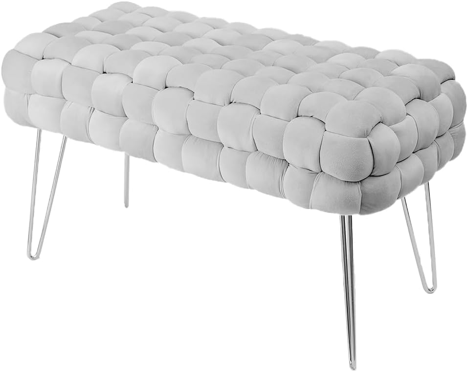 Madera Nieve Banco de Cosmética Moderno de Terciopelo, Otomana Rectangular con Patas de Metal Plateado, Asiento Acolchado de Tejido Terciopelo (Gris Claro, 38P x 70An x 41.5Al cm)