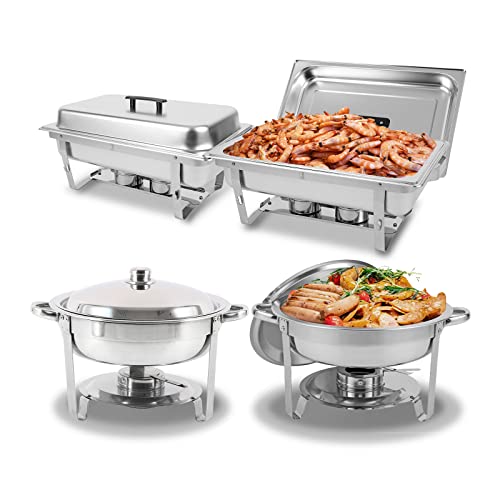 Restlrious Chafing Dish Buffet Set 4 Pack, Stainless Steel 5 Qt Round & 8 Qt Rectangular Foldable Chafers And Buffet Warmers Set, Full Size W/Water Pan, Food Pan, Fuel Holder & Lid For Catering Event #TOP10
