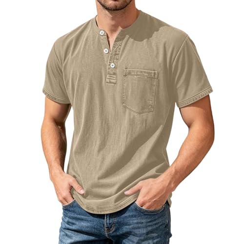 T-shirt Henley homme coton manches courtes léger respirant col V été vintage avec poche