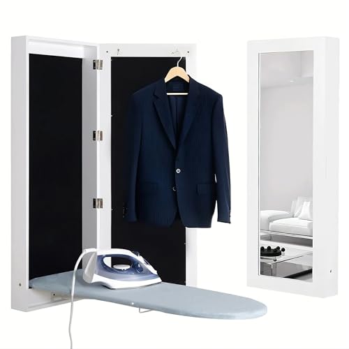 GLSCASA Slim Wall Mount Ironing Board Cabinet, Wall Attached Ironing Cabinet with Mirrored Door...