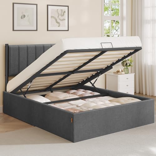 VASAGLE Double Bed Frame 135 x 190 cm Ottoman Bed with Lift-Up Storage Hydraulic Lift Modern Minimalist Easy Assembly Slate Grey RMB616GN01