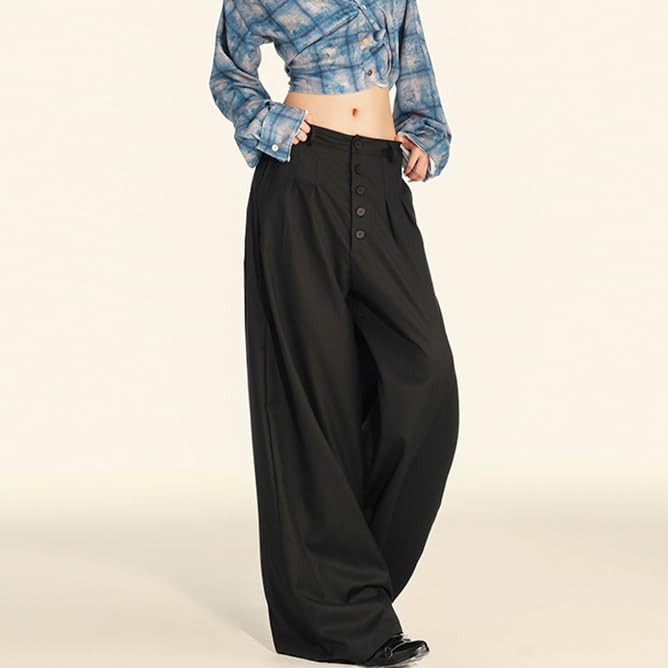Pantaloni Da Donna A Vita Alta Con Bottoni, Casual, Gamba Larga, Eleganti Da Lavoro, Fluidi E Plissettati