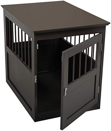 IONIKK Wood Dog Crate Furniture, End Table Designed Dog Kennel with Side Slats, Brown
