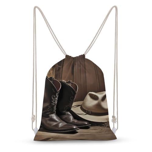 Drawstring Backpack Gym Bag Cowboy Black Hat Western Boots Cinch Sackpack Waterproof Beach Bag for Women Men