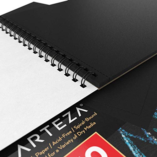 Arteza 9X12 Inch Black Sketch Pad, 30 Sheets (90Lb/150Gsm), Spiral-Bound, Heavyweight Paper, Art Supplies For Graphite & Colored Pencils, Charcoal, Oil Pastels, Gel Pens, Chalk, Ink #TOP4