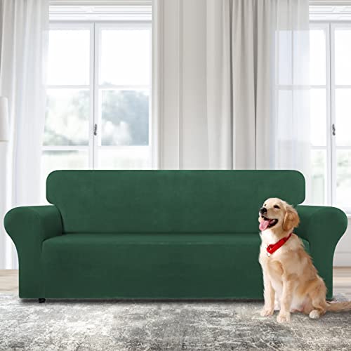 Weerrw Velvet Couch Cover For 3 Cushion Couch Covers - Stretch Sofa Slipcovers With Non Skid Foam And Elastic Bottom, Furniture Protector For Pets, Crafted From Soft Plush Fabric, Emerald Green, Large #TOP1