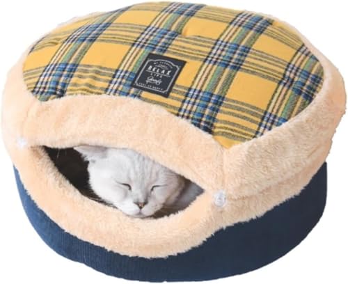 ふわふわドーム型キャットベッド:犬猫兼用,冬用保温・四季対応,取り外し洗えるクッション,折り畳み省スペース,可愛いどら焼き造型,ペット安眠に最適 (45x24cm(8KG以下),イエロー)