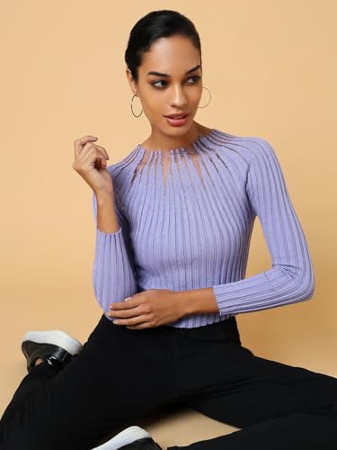 Image of ICW Women Knitted Rhinestone Embellised Daimond Studded Mesh Round Neck Long Sleeve Crop Top T-Shirt 206