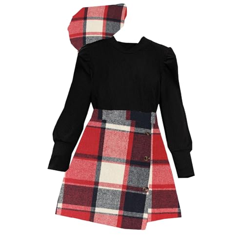 Girls Sweater Skirts Sets with Hat Knit Long Sleeve Pullover Sweater and Open Side Plaid Striped Skirts for Kids