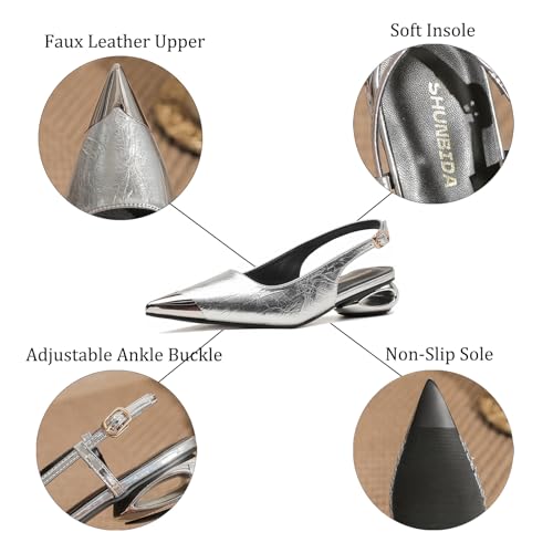 Women's Slingback Low Block Heels Closed Pointed Toe Ankle Strap Backless Pumps Shoes Daily Office Wedding Party Dressy Shoes3