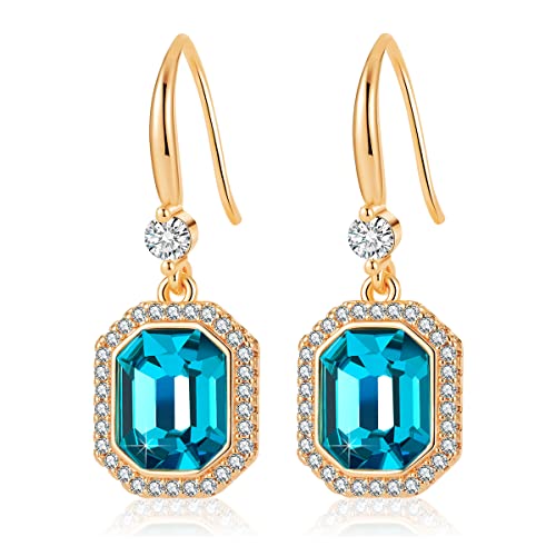 Austrian Crystal Halo Octagon Drop Dangle Earrings For Women 14K Rose Gold Plated Hypoallergenic Jewelry Gifts For Women Girls (Blue Zircon) #TOP23