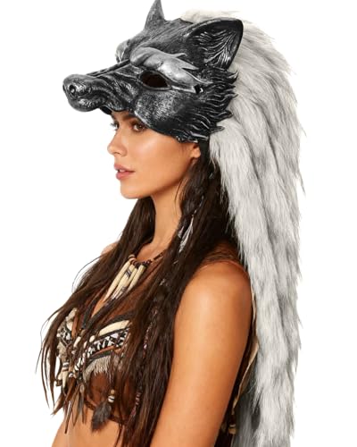 Joukavor Viking Wolf Mask with Fur Barbarian Headdress Werewolf Headpiece for Halloween Cosplay (Silver)