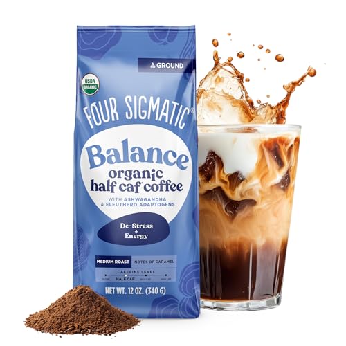 Four Sigmatic Organic Balance Adaptogen Ground Coffee | Medium Roast USDA Organic Coffee with Ashwagandha, Chaga Mushroom, Eleuthero and Tulsi for Focus and Energy Boosting | 12oz Bag