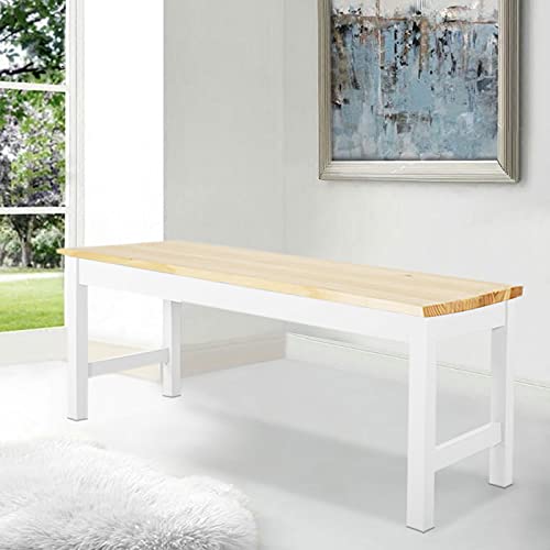 Warmiehomy Dining Bench,Elegant Modern Bench Solid Pinewood & Sturdy Metal Frame, Durable 2-Seater for Living Room, Bedroom, Kitchen, Patio,90CMx35CMx44.5CM, Natural Pine & White