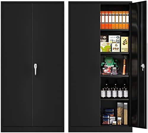 Superday Locking Metal Storage Cabinets, 71" Lockable Steel Storage Cabinet, Tall Black Cabinet with 2 Doors and 4 Adjustable Shelves for Garage, Home Office, Classroom, Pantry, File, Easy Assemble
