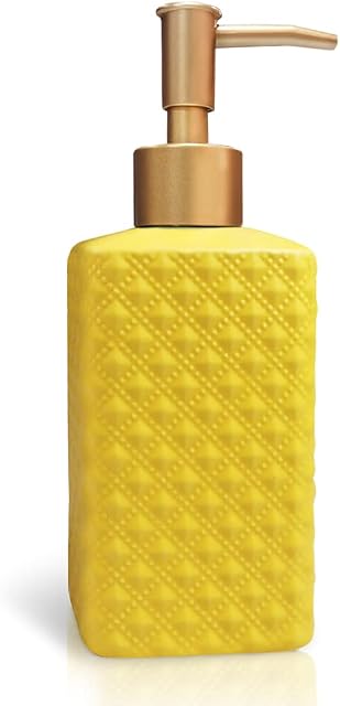 Gold Soap Dispenser, Ceramic Lotion Pump Bottle with Refined and Vintage Emboss, Home Decoration for Bathroom or Kitchen (Yellow)