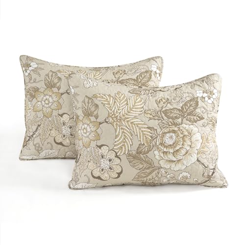 Image of Lush Decor Sydney Reversible Cotton Quilt, 3 Piece Set, King, Neutral - Cotton Bedding Set - Beige Floral Quilt - Cottage Decor - Bedding King Size