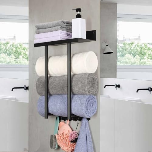 Towel Rack Wall Mounted,Bathroom Rolled Towel Holder,Metal Black Shelf Towel Hanger,Nails Bath Blanket Storage,Stainless Steel Shower Hooks Towel Organizer,Home Bathroom Accessories