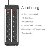 Steckdosenleiste 10-Fach, TÜV/GS Zertifiziert, Wandmontage, 2M Kabel – Ansicht 2