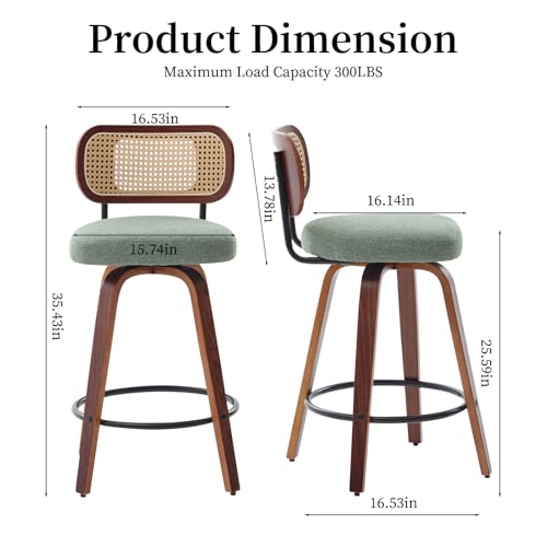 Image of Swivel Counter Height Bar Stools Set of 4, 26 inch Bar Chairs with Curved Rattan Back, Linen Upholstered Seat, Walnut Craftsmanship, Mid Century Modern Counter Stools for Kitchen Counter, Light Green