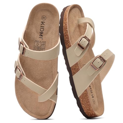 Image of KIDMI Women's Cork Footbed Sandals with Toe Loop, Comfortable Summer Slip-On Slides with Adjustable Buckle