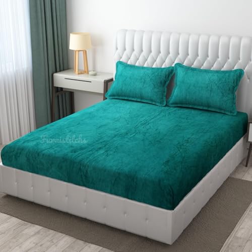 Image of Premium Velvet Solid Woollen Elastic Fitted Bedsheets for Double Bed Queen Size (Size 234 x 254 Cms), with 2 Pillow Covers Elastic, Covers (46 x 68 Cms) (Teal)