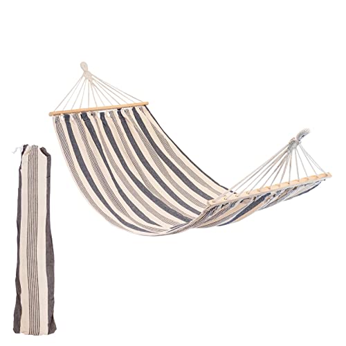 Harbour Housewares 276cm Navy Stripe Cotton Hammock with Wooden Spreader Bars & Cotton Carry Bag -...