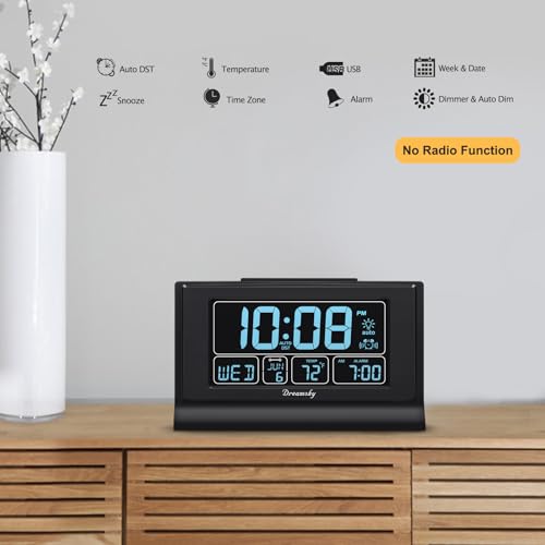 Image of DreamSky Alarm Clocks for Bedrooms with Battery Backup, Auto Set Digital Clock with Date and Day of Week, Temperature, USB Port, Auto DST, Dimmer, 12 /24H