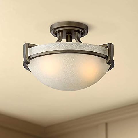 Regency Hill Mallot Rustic Close to Ceiling Light Semi Flush Mount Fixture 13" Wide Oil Rubbed Bronze Champagne Crackle Glass Bowl Shade for Bedroom Hallway Living Room Dining Room Bathroom Cover