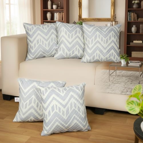 Image of STITCHNEST 'QuadraNest' Series Printed Quilted Velvet Cushion Cover 16x16 Inch Set of 5 | Premium Soft Fabric, Washable & Fade Resistant | Decorative Living Room Cushion Covers | Grey & Ivory Zigzag