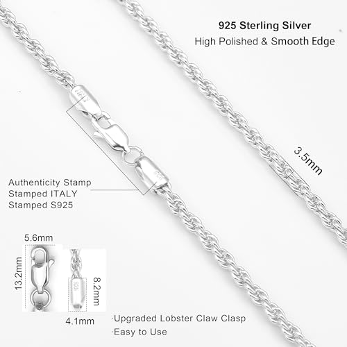 Waitsoul 925 Sterling Silver Rope Chain Lobster Clasp 2.5mm Silver Chain for Men Women Silver Necklace Chain 16-30 Inches