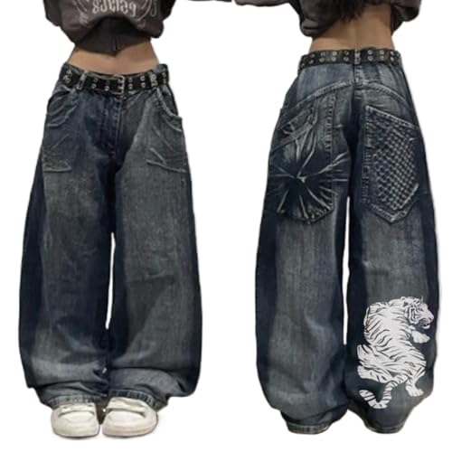 Unisex Y2K Hip Hop Street Jeans with Skeleton Print, Gothic Baggy Jeans, Vintage High Waist Denim, Wide Leg Pants