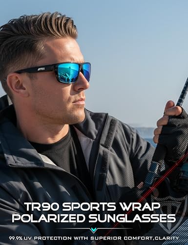 ATTCL Polarized Wrap Sunglasses for Men: Rectangle TR90 Frame, UV400 Protection Sport Glasses for Running, Driving, Fishing and Outdoor Activities