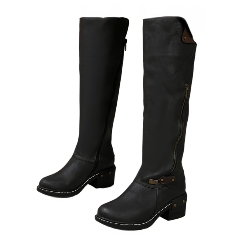 Faithgee Vintage Style Womens Western Cowgirl Knee High Boots with Side Zipper Chunky High Heel Round Toe Solid