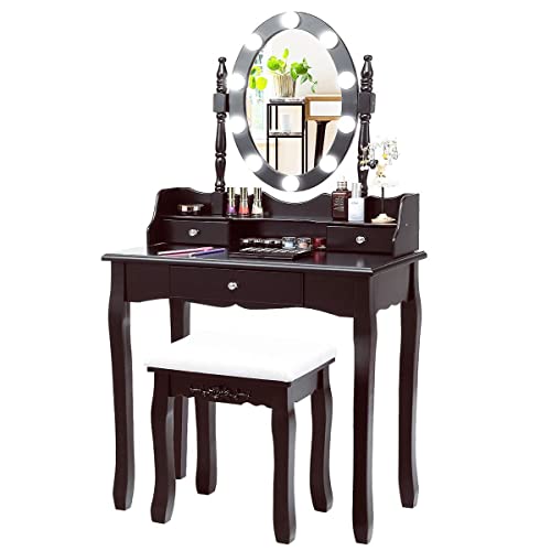 ReunionG Makeup Vanity Set with Lighted Swivel Mirror, 2 in 1 Dressing Vanity Table w/Removable Top, 10 Dimmable Bulbs, 3 Storage Drawers, Wooden Vanity Table Set, Best Gift for Women Girls (Brown)