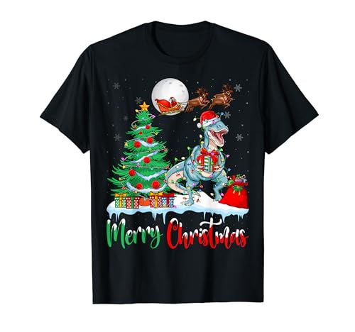 T-Rex Santa Hat Christmas Tree Lights Merry Christmas T-Rex Camiseta